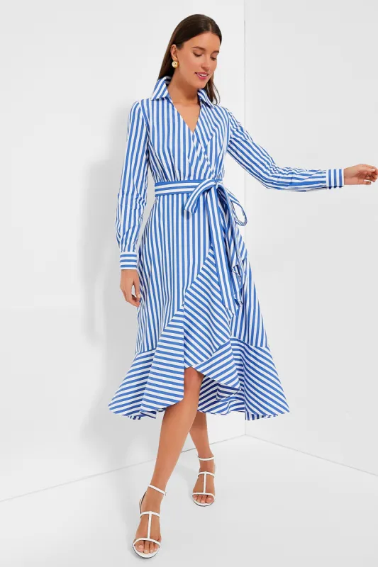 Wild Blue Iris and Fresh White Julia Stripe Wrap Dress sold by Tuckernuck