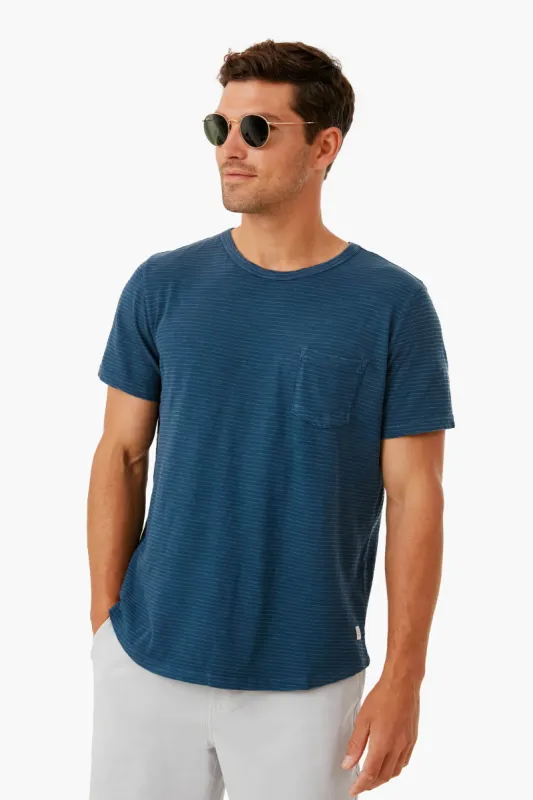 Moon Indigo Heather Gray Stripe Saddle Hem Pocket Tee made by Marine Layer