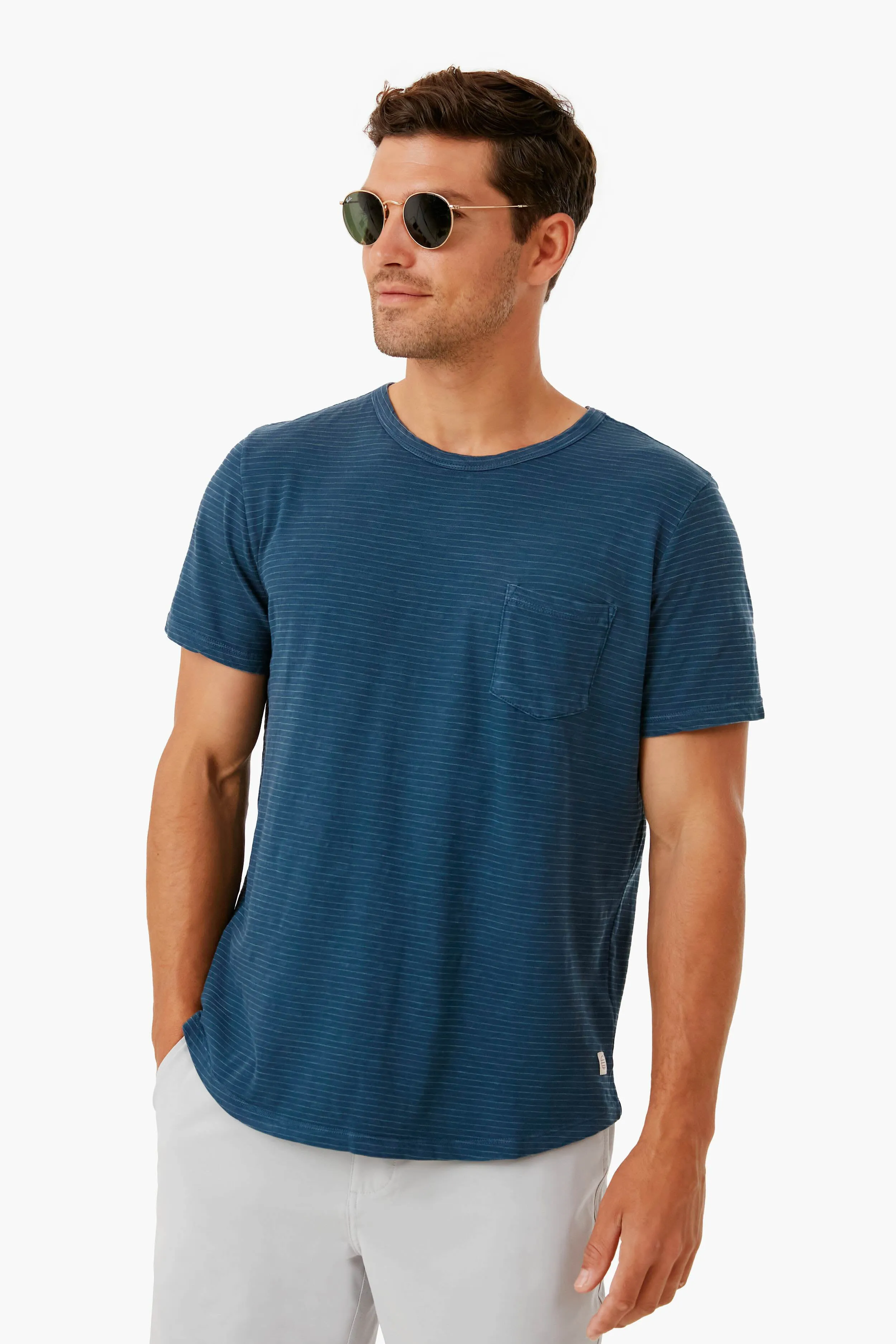 Moon Indigo Heather Gray Stripe Saddle Hem Pocket Tee sold by Tuckernuck