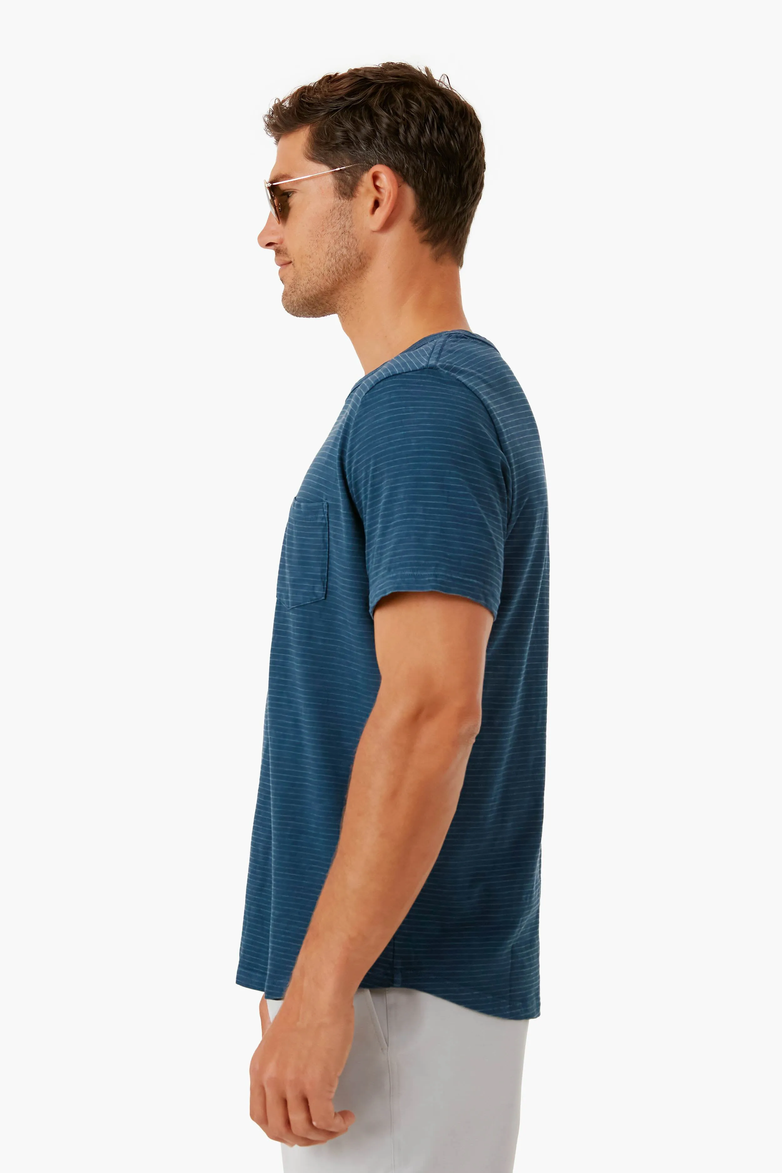 Moon Indigo Heather Gray Stripe Saddle Hem Pocket Tee sold by Tuckernuck product image thumbnail 3