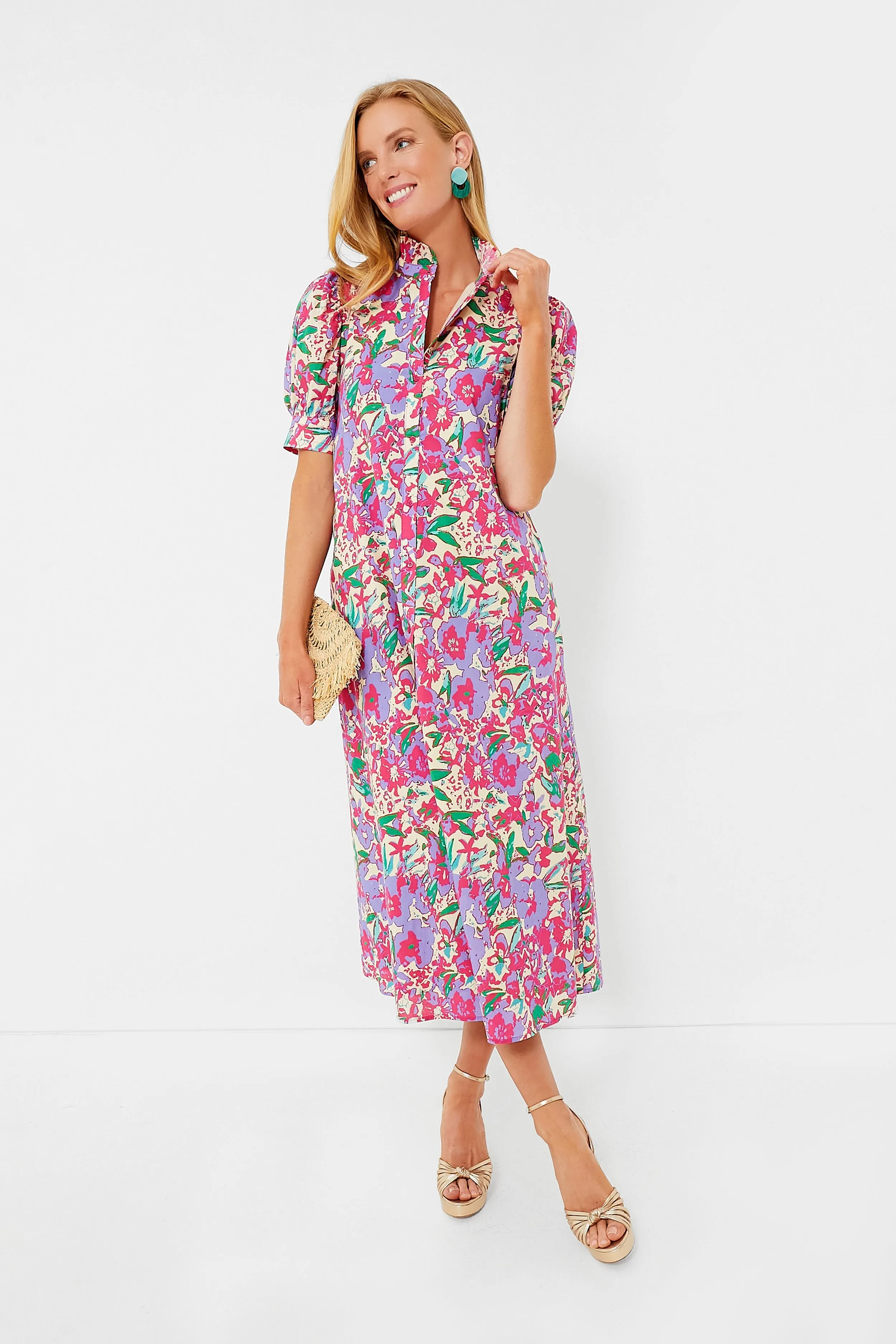 Magenta Multi Floral Ruffle Collar Louisa Midi Dress sold by Tuckernuck