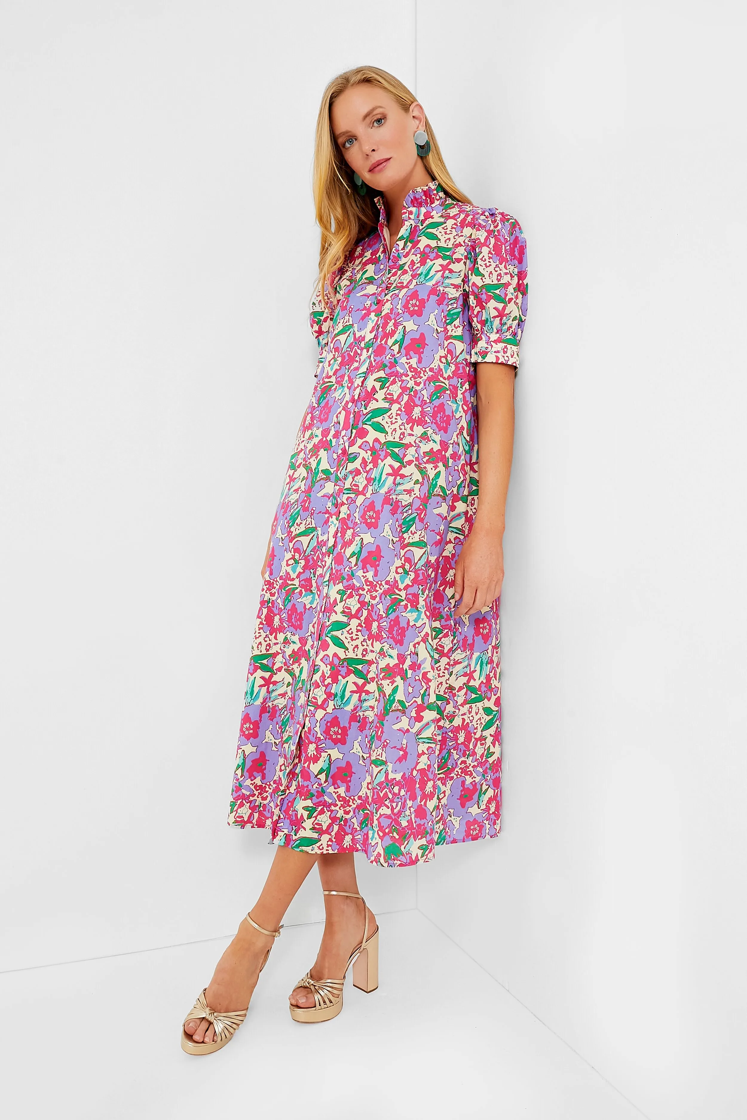 Magenta Multi Floral Ruffle Collar Louisa Midi Dress sold by Tuckernuck product image thumbnail 4