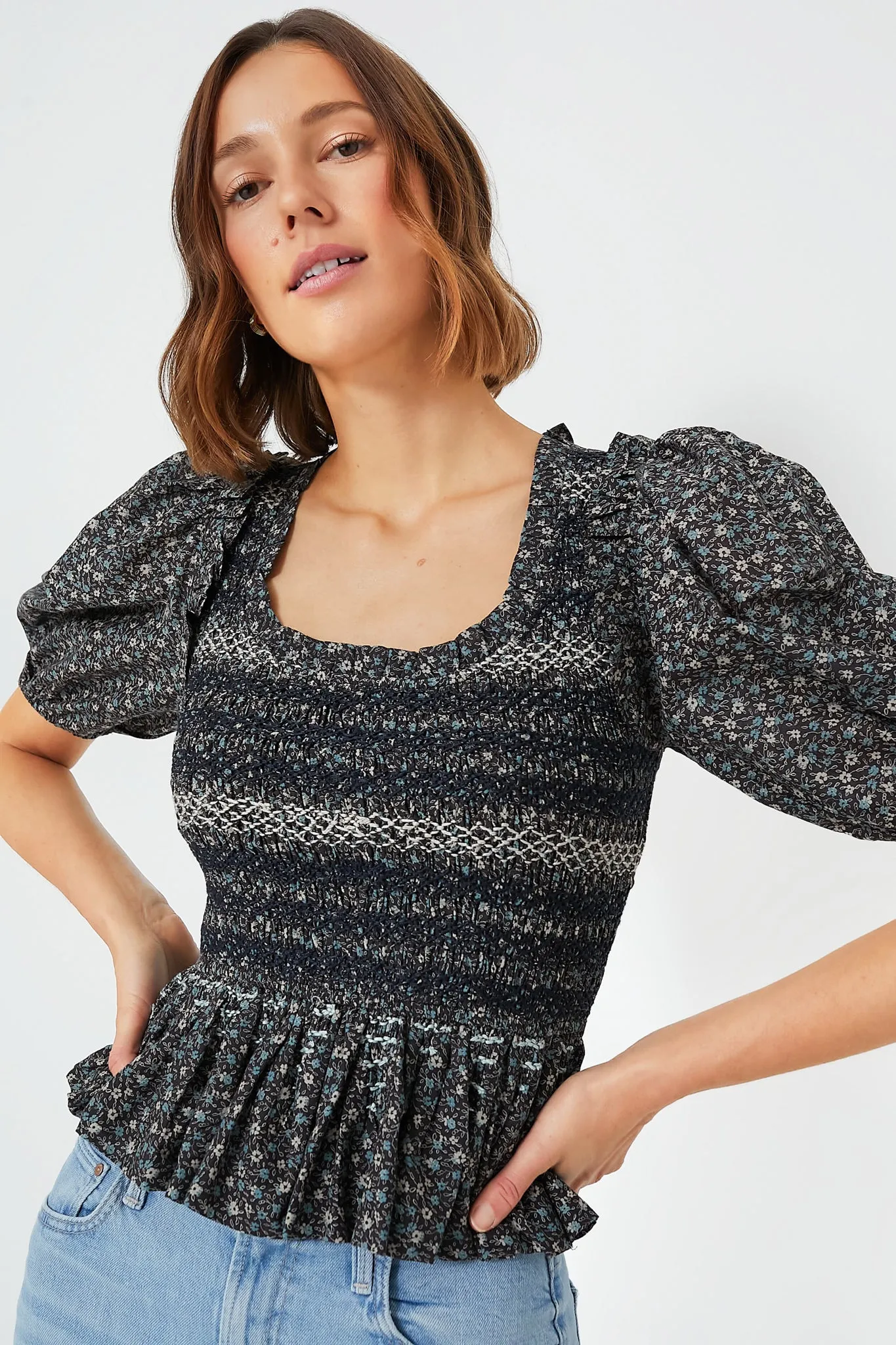 Multi Maia Floral Print Puff Sleeve Smocked Top sold by Tuckernuck