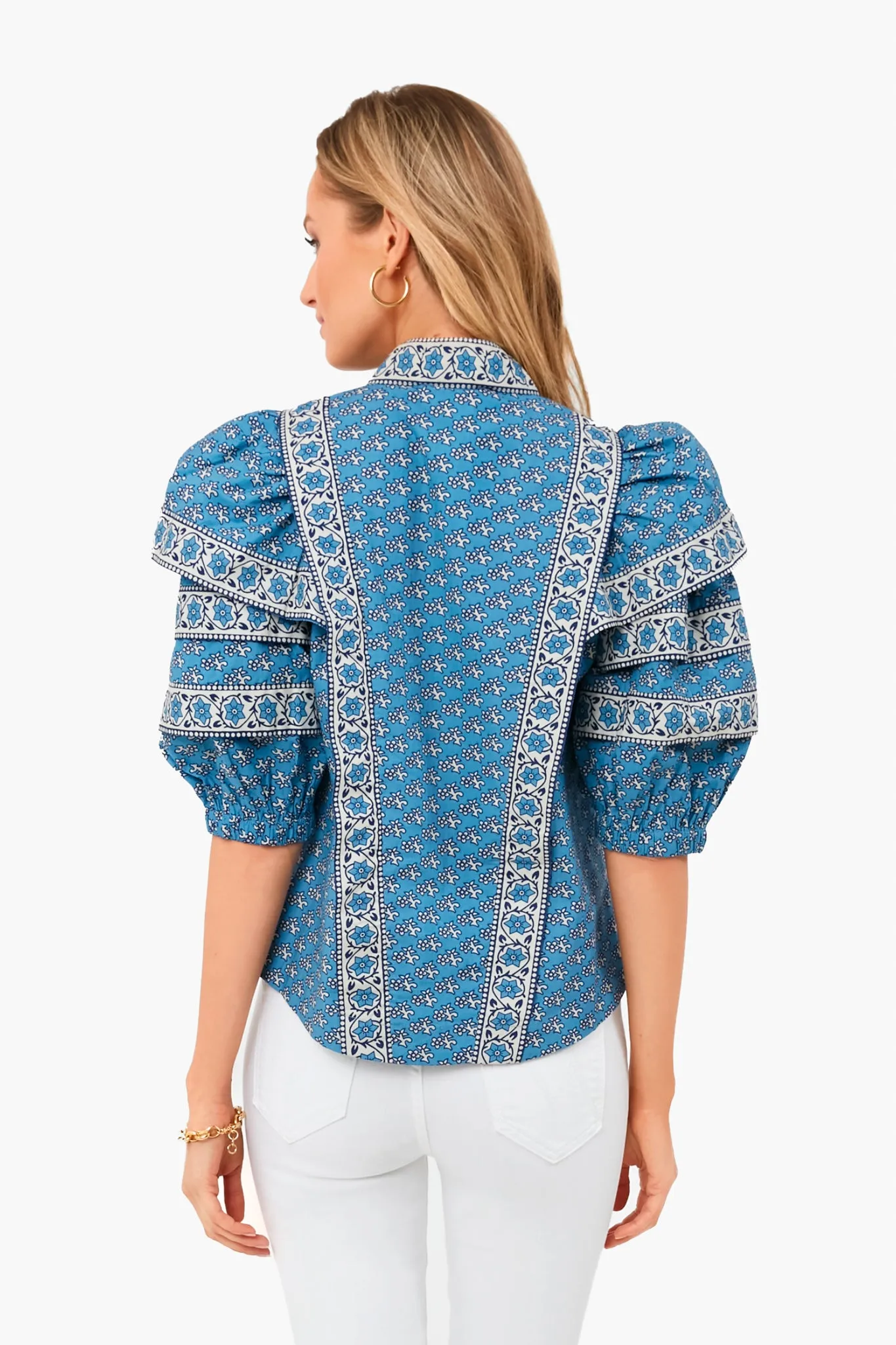 Blue Fernanda Tile Print Puff Sleeve Button Down Top sold by Tuckernuck product image thumbnail 4