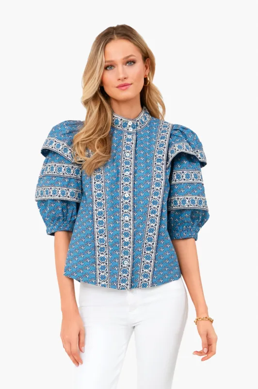 Blue Fernanda Tile Print Puff Sleeve Button Down Top sold by Tuckernuck