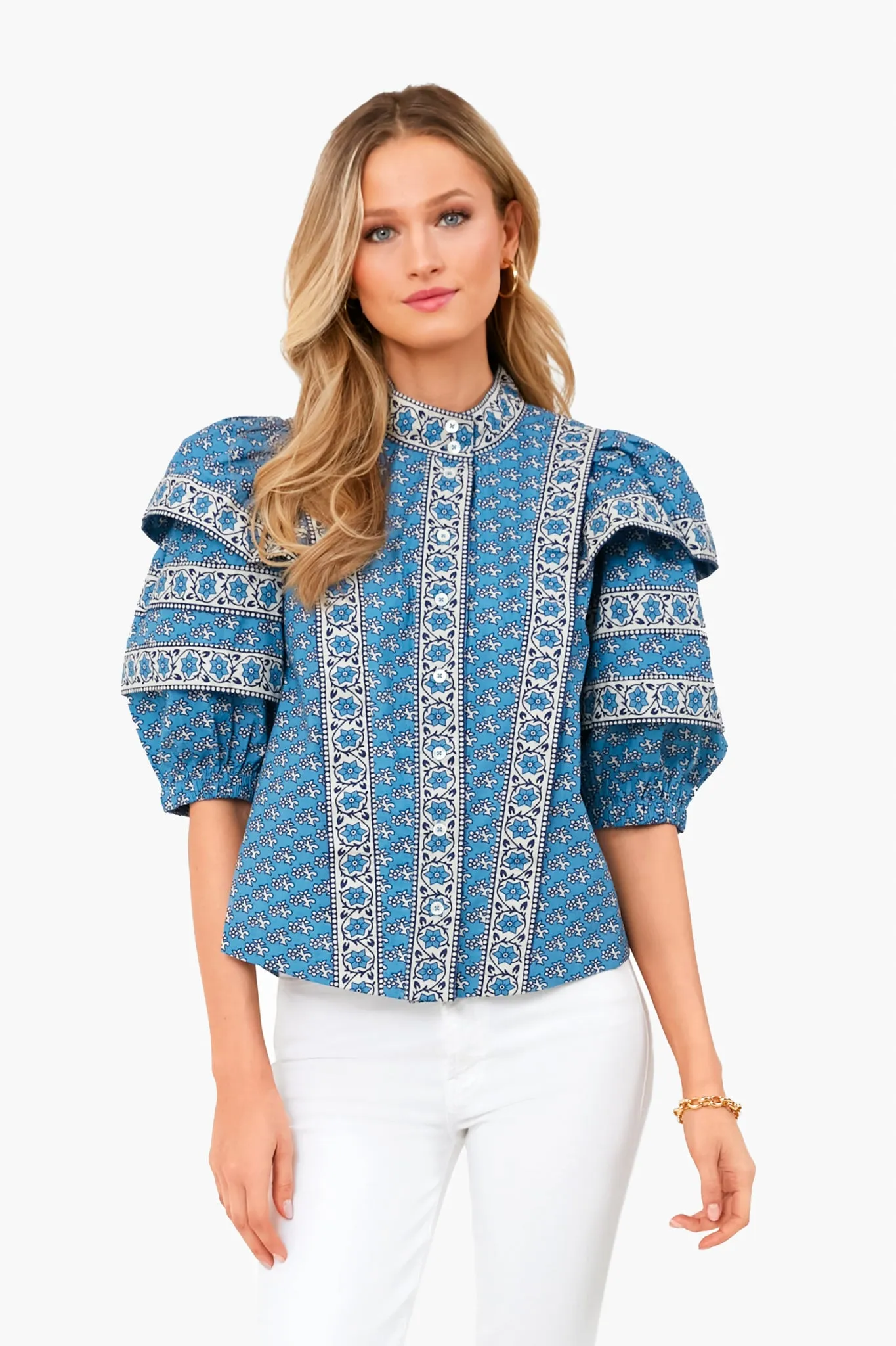 Blue Fernanda Tile Print Puff Sleeve Button Down Top sold by Tuckernuck