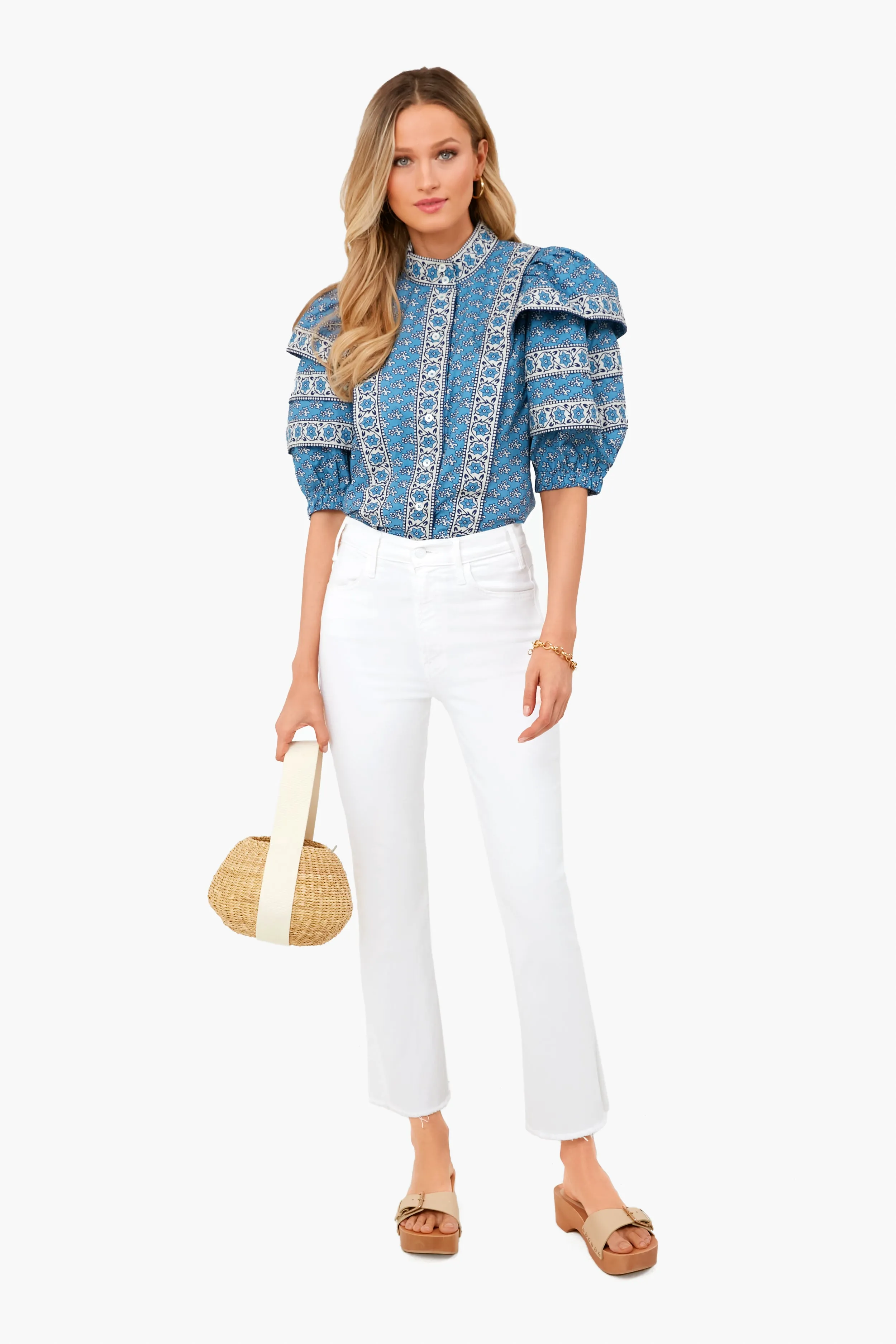 Blue Fernanda Tile Print Puff Sleeve Button Down Top sold by Tuckernuck product image thumbnail 2