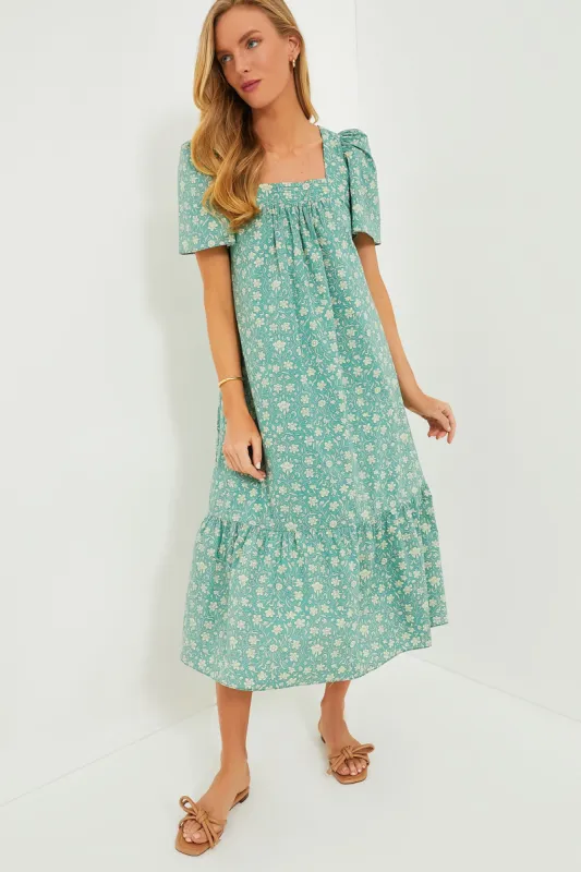 Sea Green Floral Square Neck Gracie Midi Dress sold by Tuckernuck