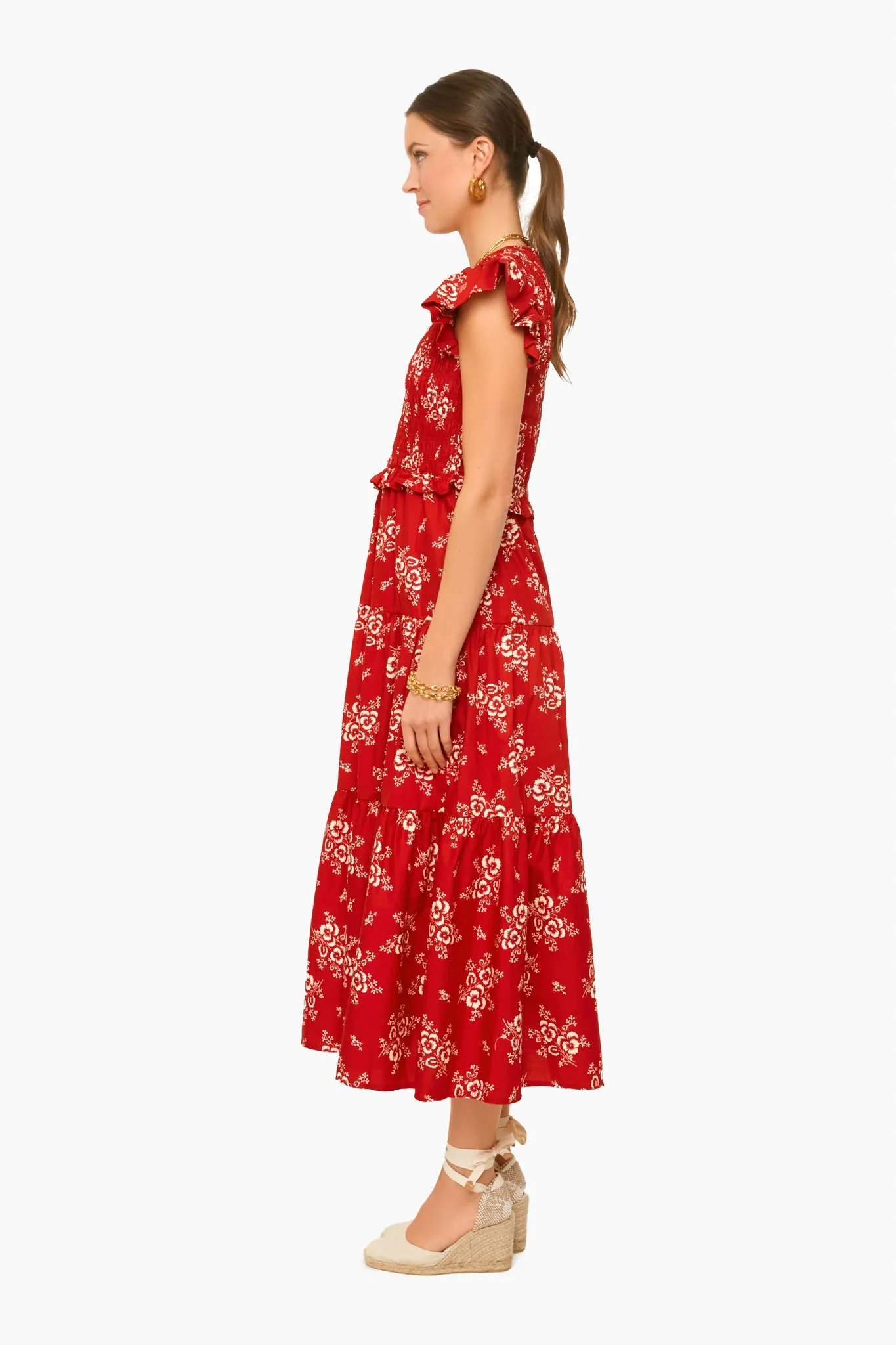 Exclusive Red Alessia Print Smocked Tiered Midi Dress sold by Tuckernuck product image thumbnail 3