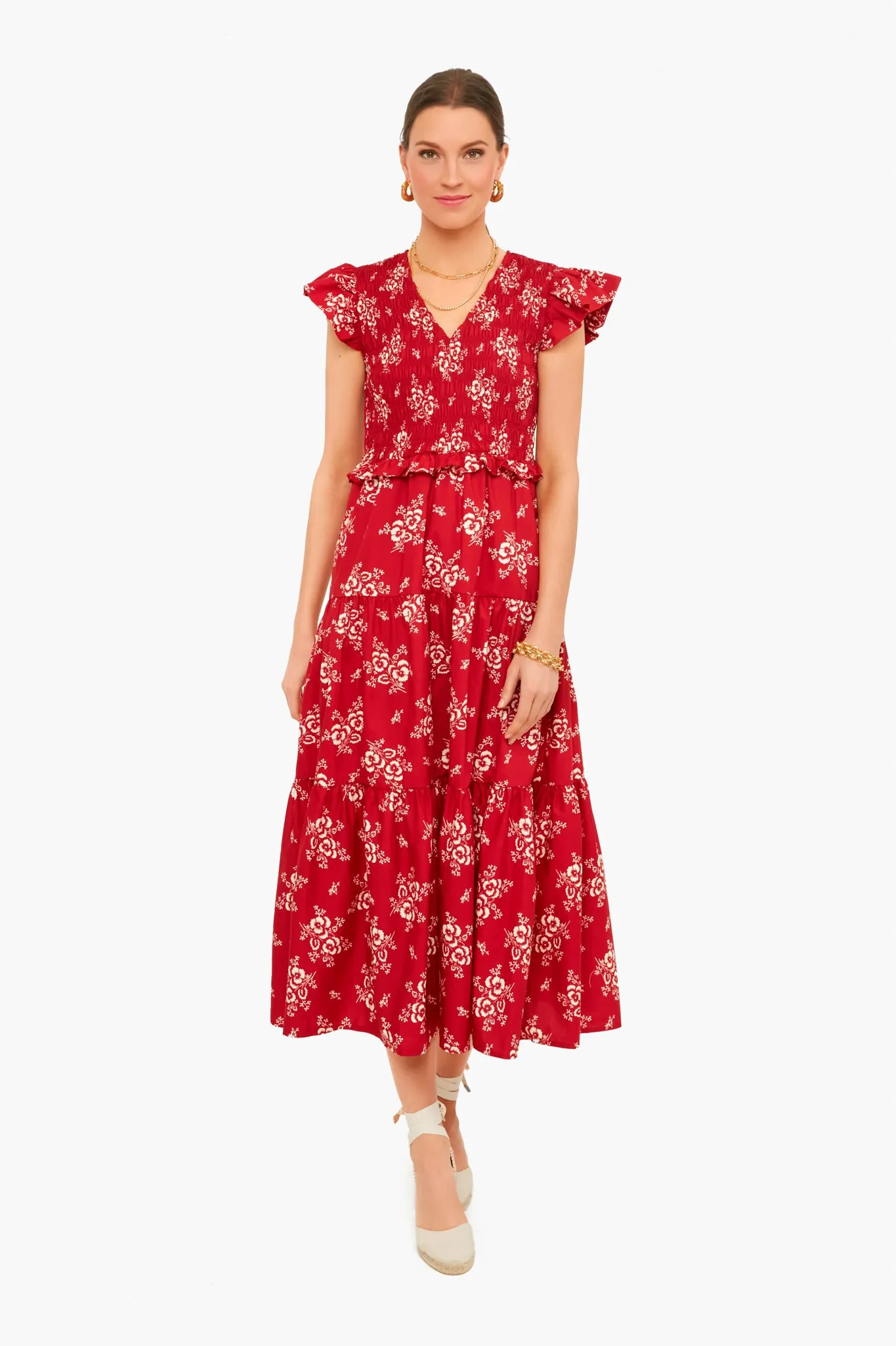 Exclusive Red Alessia Print Smocked Tiered Midi Dress sold by Tuckernuck