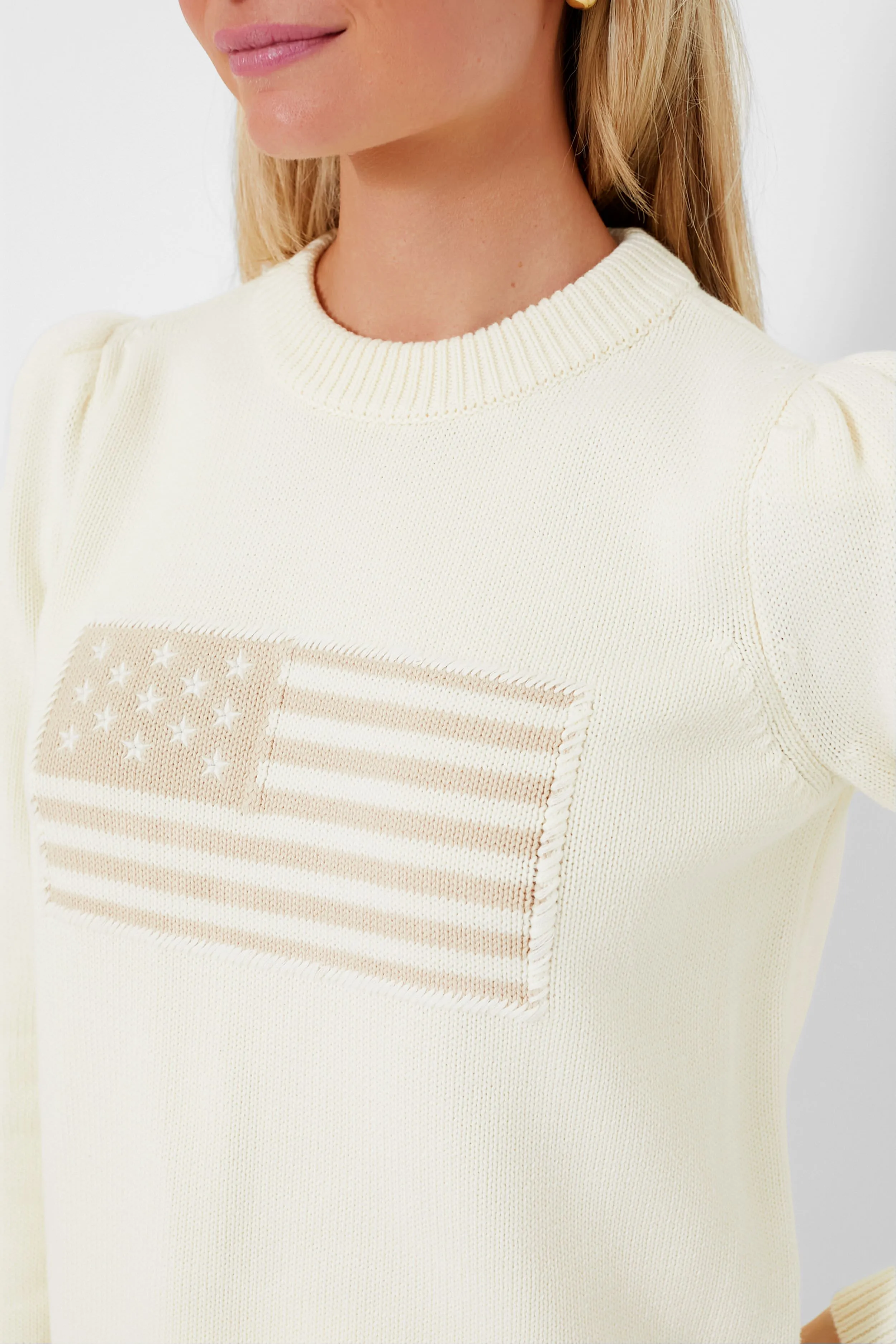 Ivory and Sandstone Cropped Puff Sleeve Americana Sweater sold by Tuckernuck product image thumbnail 5