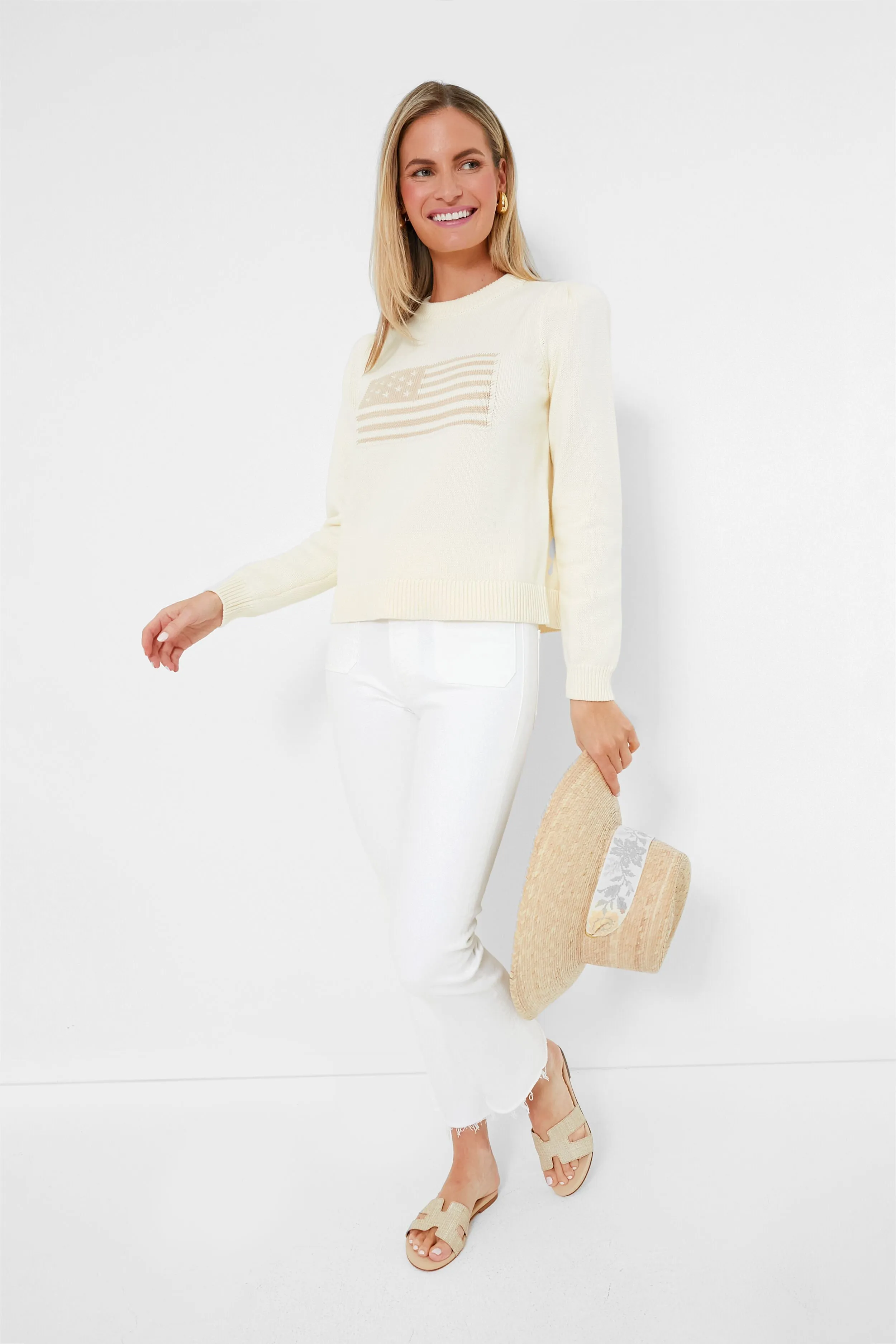 Ivory and Sandstone Cropped Puff Sleeve Americana Sweater sold by Tuckernuck product image thumbnail 2
