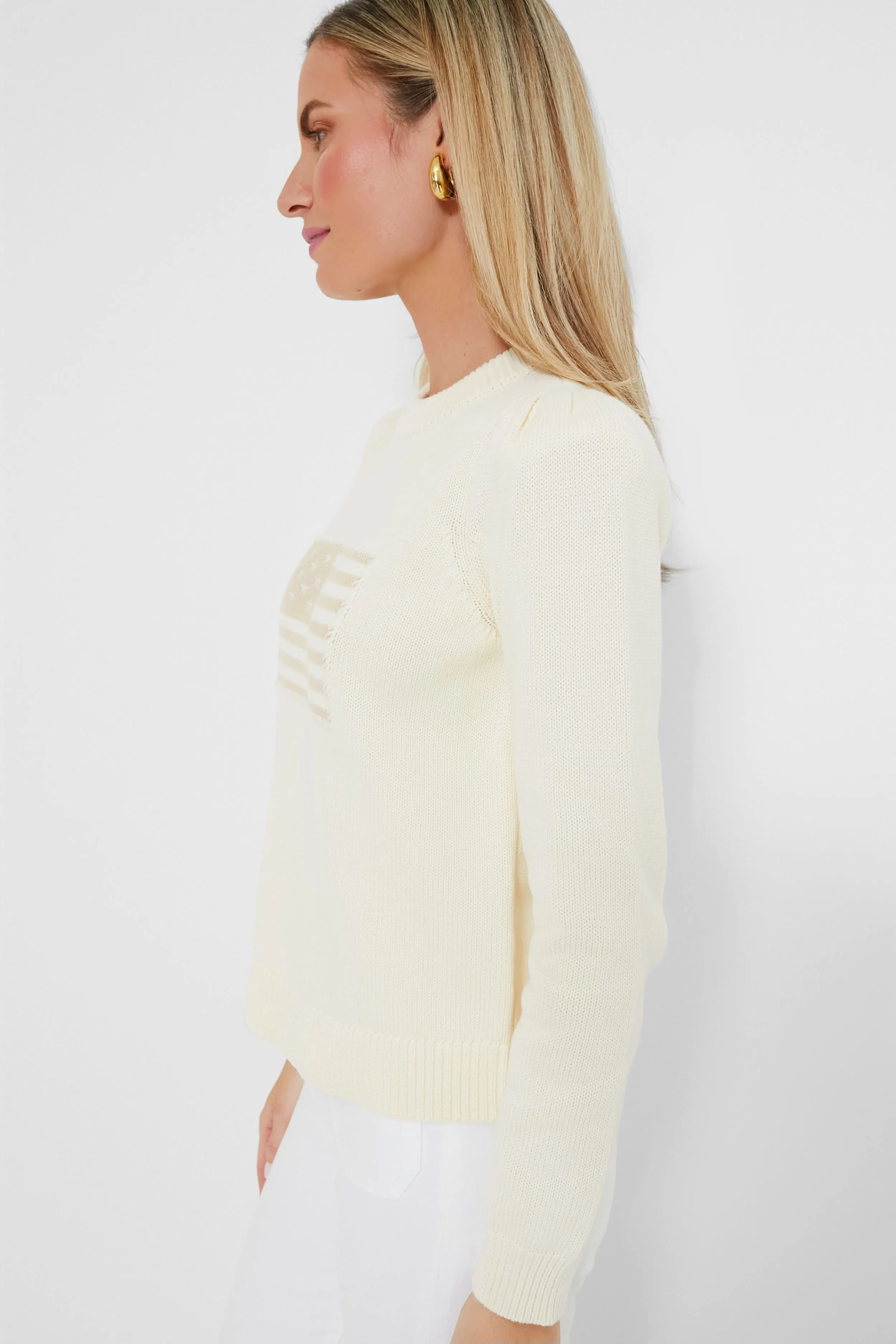 Ivory and Sandstone Cropped Puff Sleeve Americana Sweater sold by Tuckernuck product image thumbnail 3