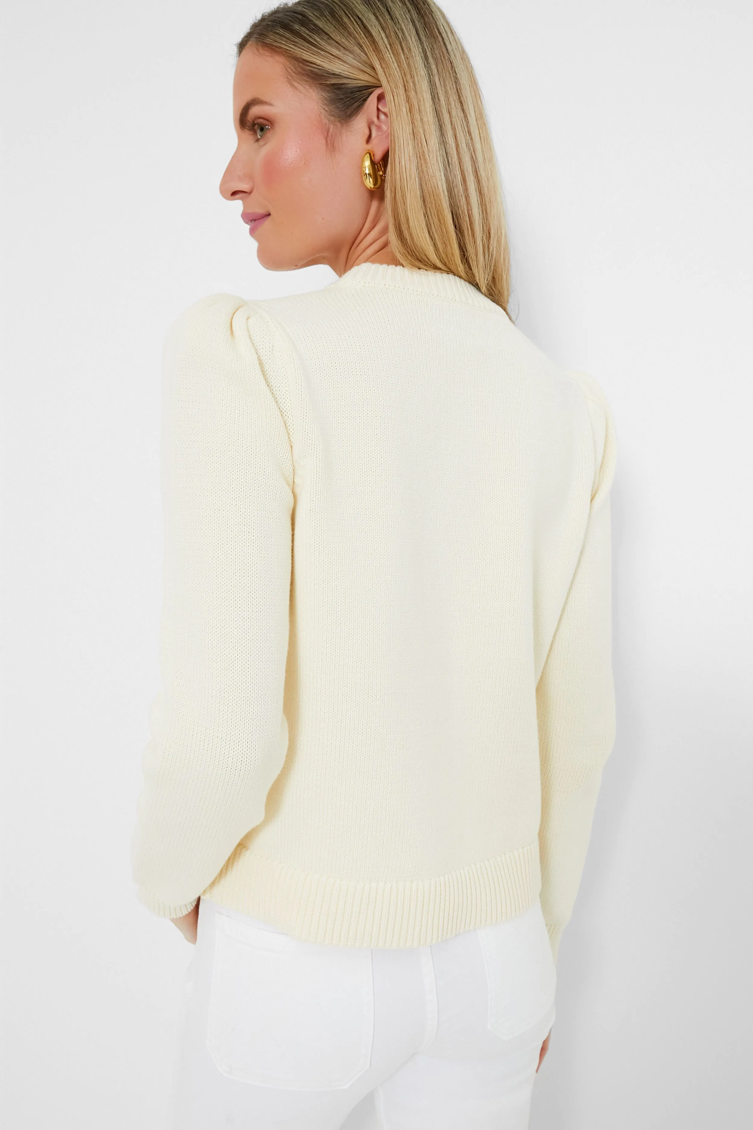 Ivory and Sandstone Cropped Puff Sleeve Americana Sweater sold by Tuckernuck product image thumbnail 4