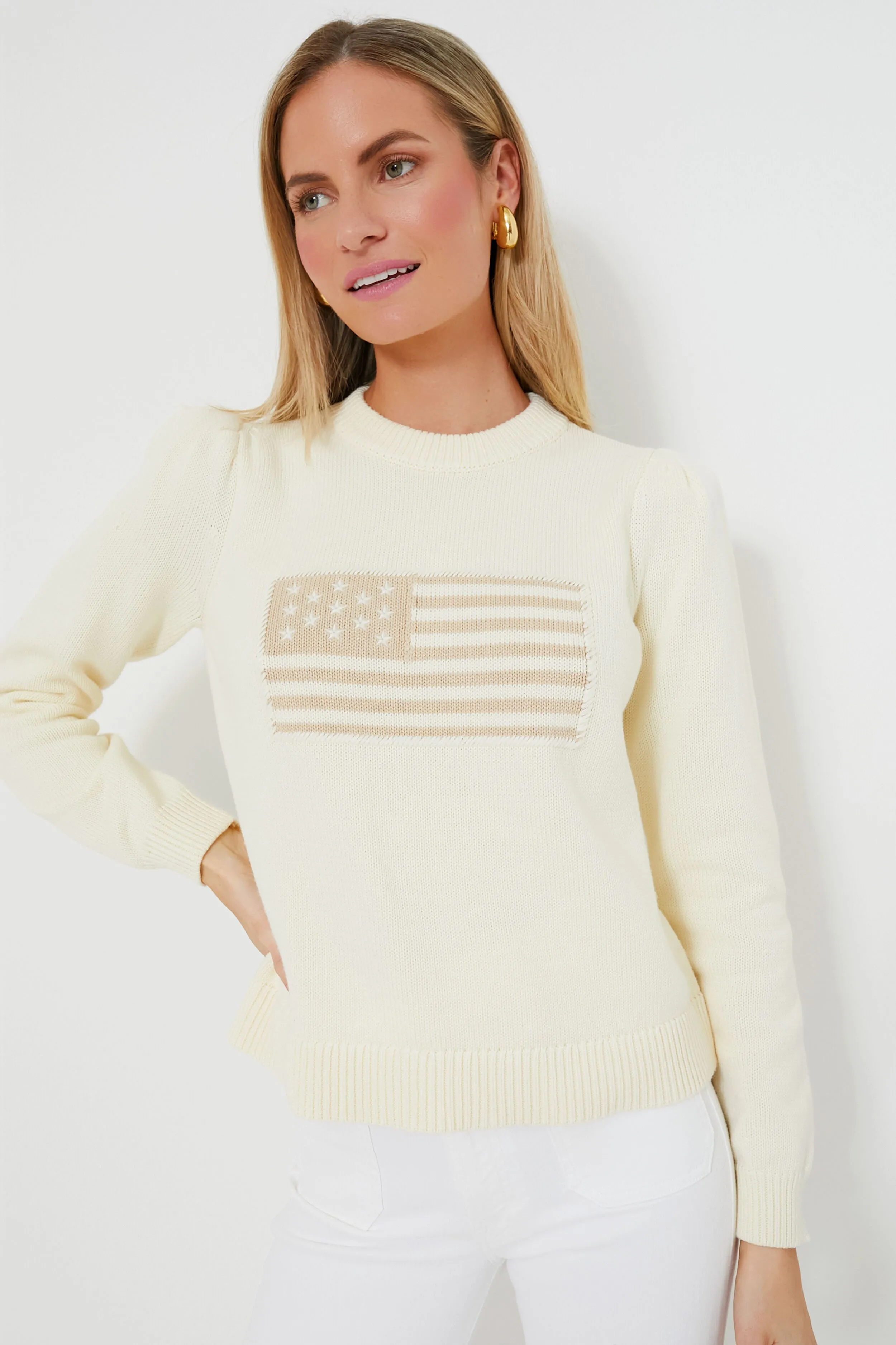 Ivory and Sandstone Cropped Puff Sleeve Americana Sweater sold by Tuckernuck