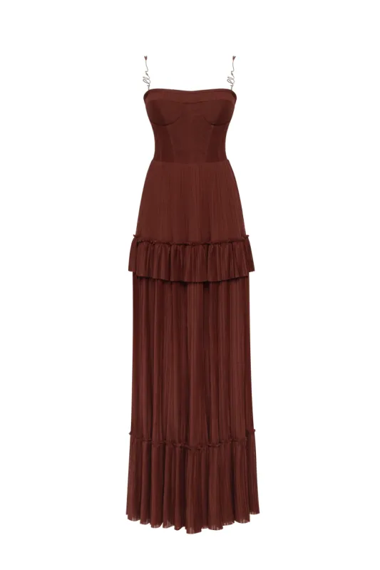 Chocolate spaghetti strap pleated maxi dress, Garden of Eden sold by Milla