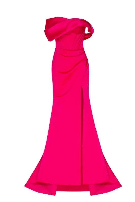 Fuchsia Princess strapless gown with thigh slit sold by Milla