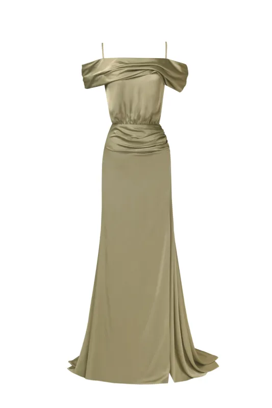 Elegant olive off-the-shoulder silk maxi dress sold by Milla