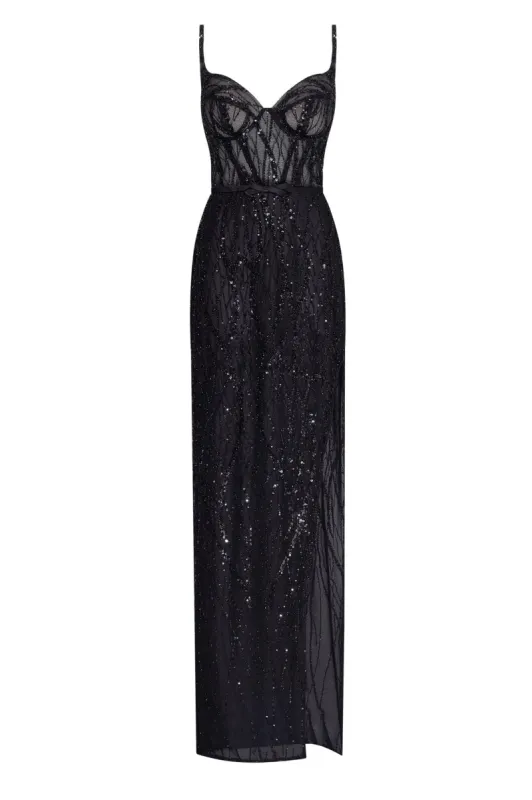 Astonishing sequined maxi gown on spaghetti straps sold by Milla