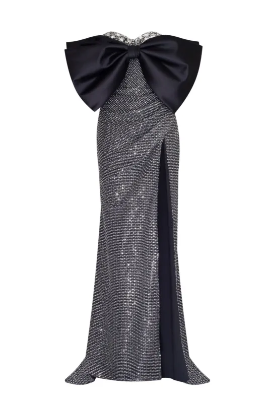 Mesmerizing big bow maxi gown covered in rhinestones made by Milla