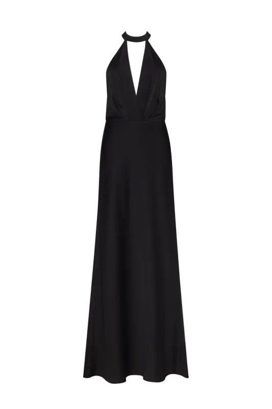 Classical black halterneck satin maxi dress, Xo Xo sold by Milla