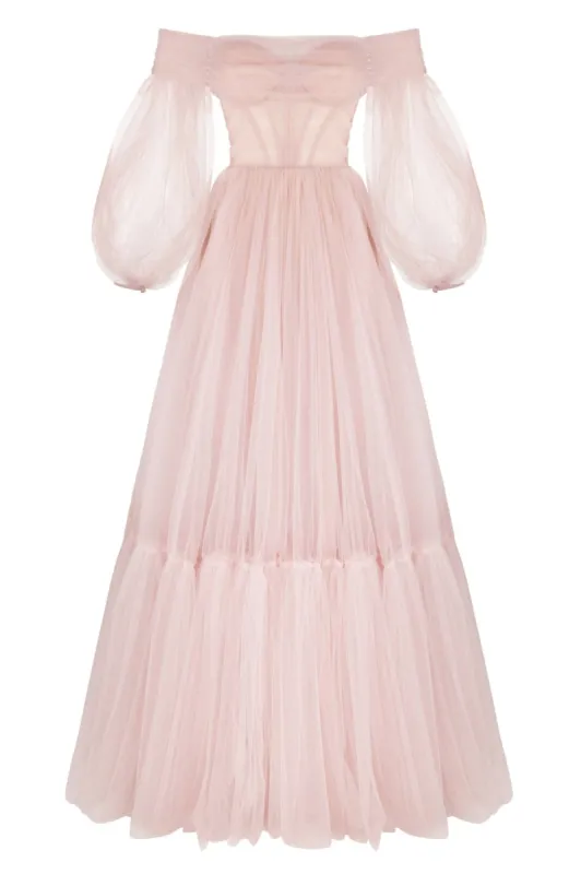 Misty Rose Sheer Sleeves Maxi Tulle Dress sold by Milla