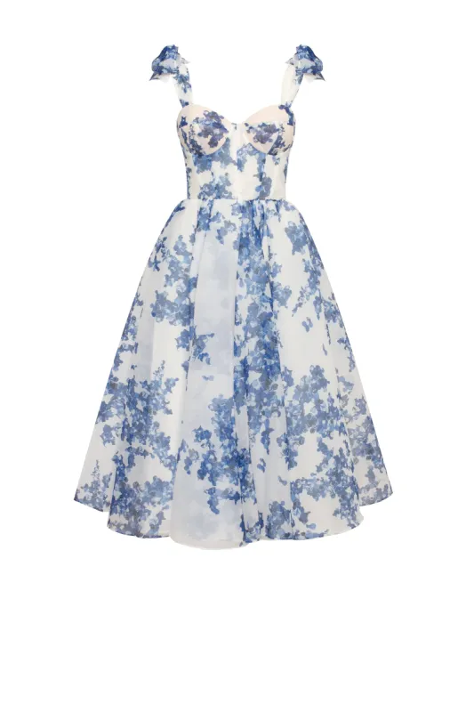 Charming blue hydrangea-patterned organza midi dress, Garden of Eden sold by Milla
