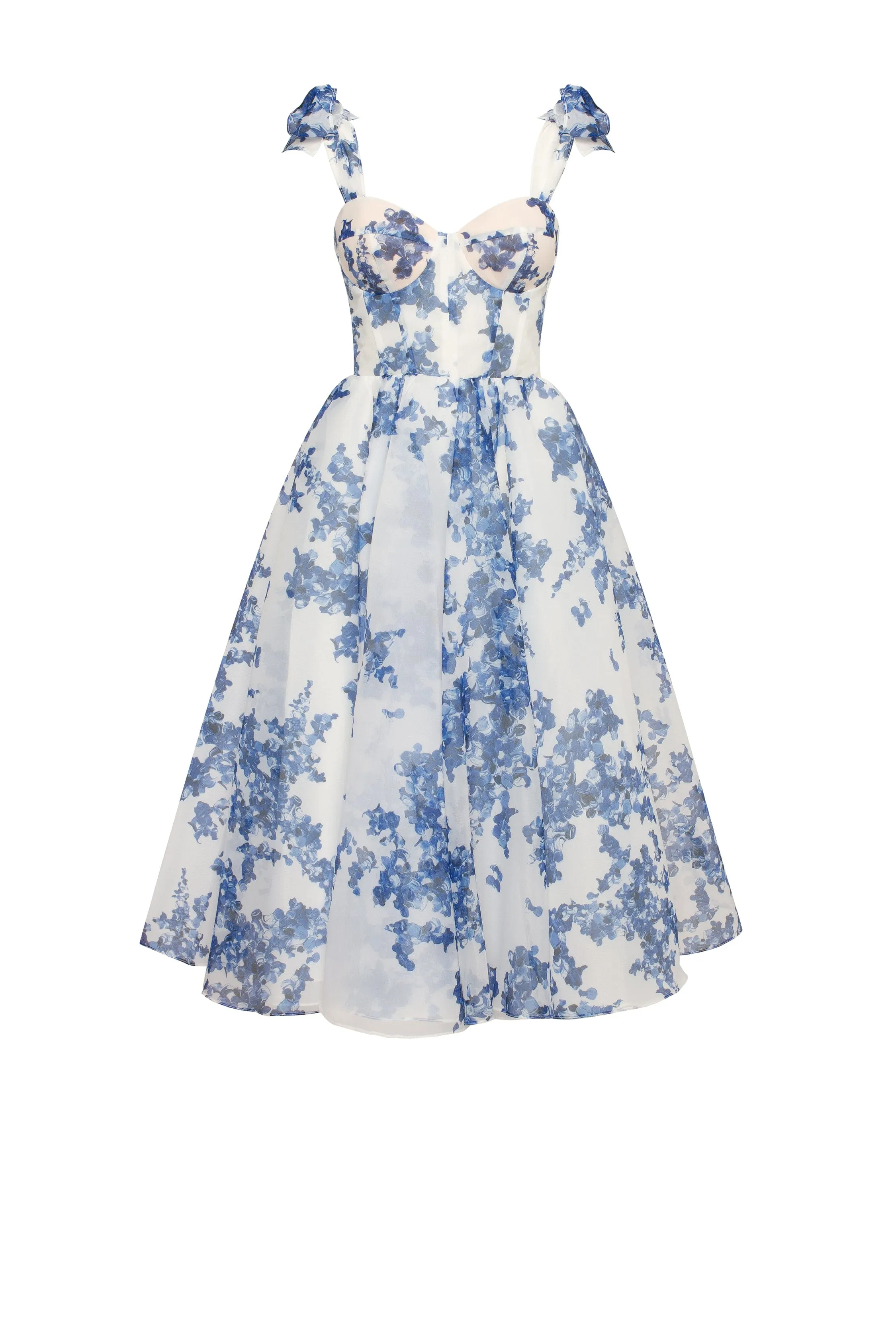 Charming blue hydrangea-patterned organza midi dress, Garden of Eden sold by Milla