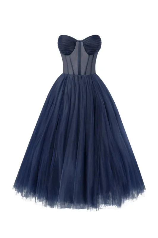 Navy Strapless Puffy Midi Tulle Dress sold by Milla