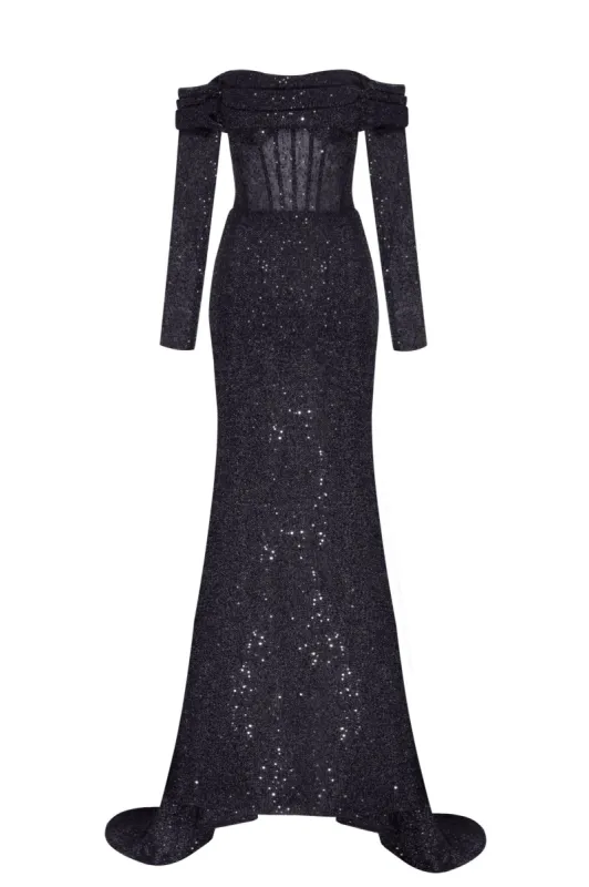 Elegant black off-the-shoulder sparkling maxi dress sold by Milla
