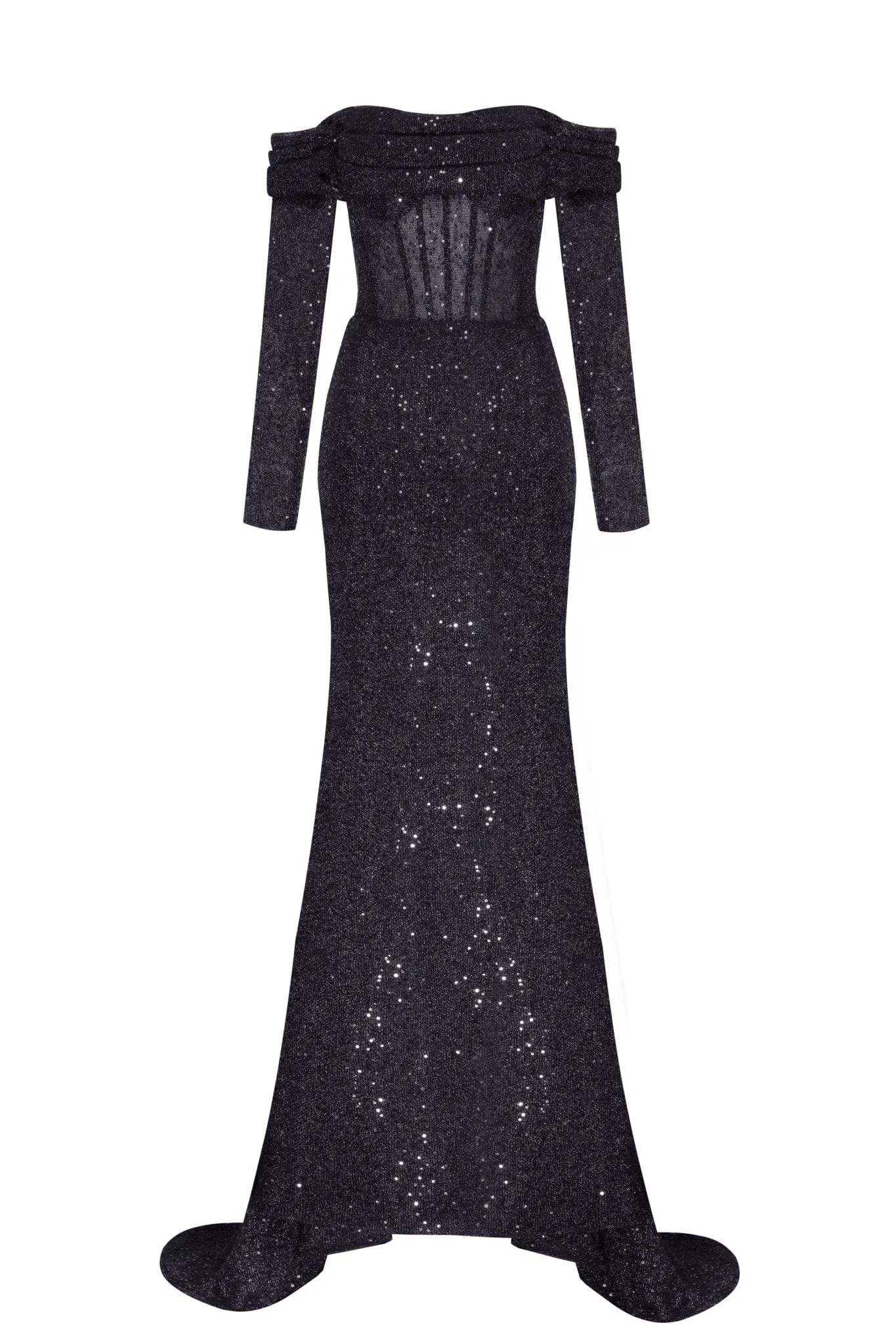 Elegant black off-the-shoulder sparkling maxi dress sold by Milla