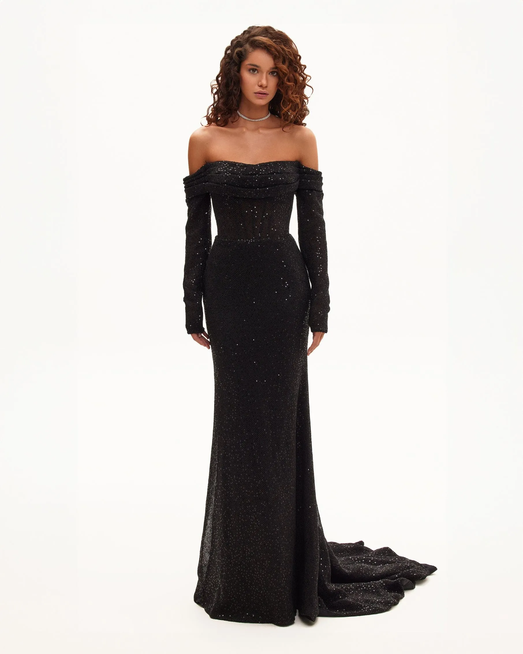 Elegant black off-the-shoulder sparkling maxi dress sold by Milla product image thumbnail 2