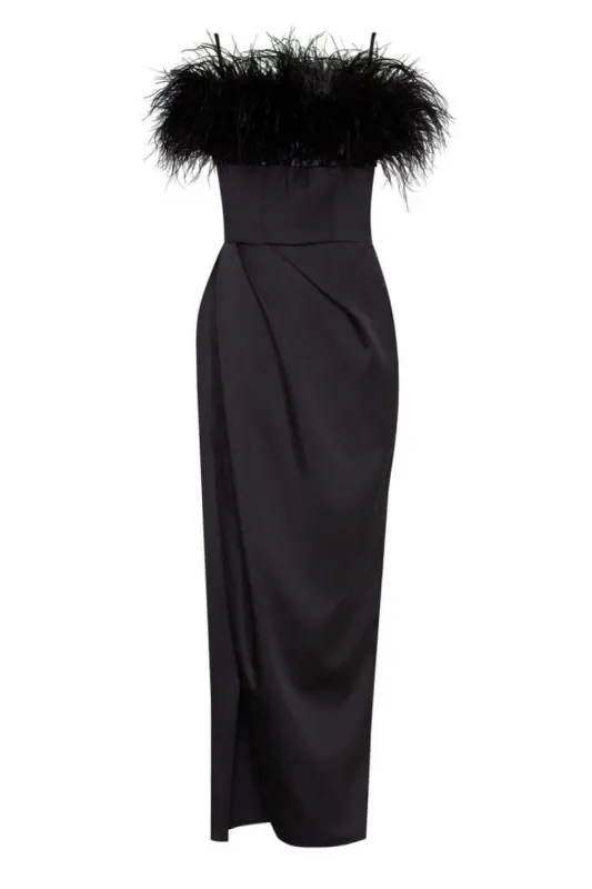 Black Celina Slip Midi Feathered Dress sold by Milla