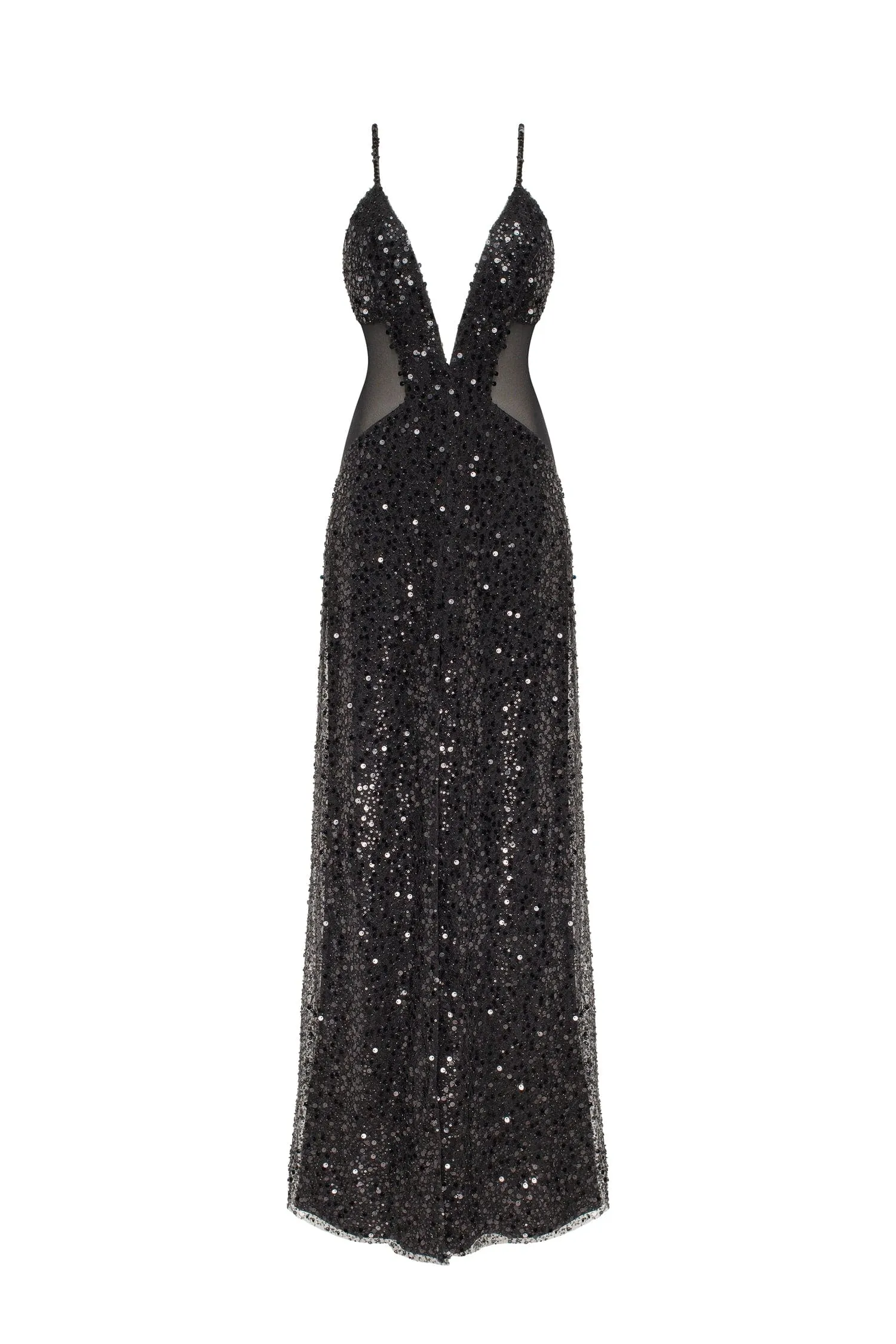 Sexy spaghetti straps black maxi covered in sequins, Smoky Quartz sold by Milla
