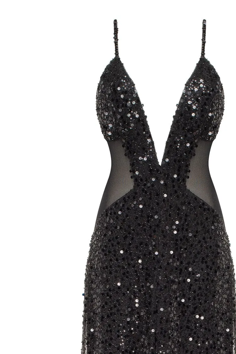 Sexy spaghetti straps black maxi covered in sequins, Smoky Quartz sold by Milla product image thumbnail 5
