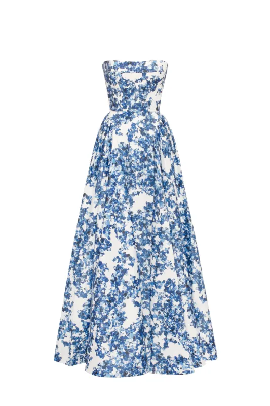 Ravishing blue hydrangea corset maxi dress, Garden of Eden sold by Milla