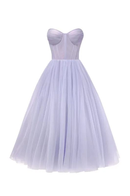 Lavender Strapless Puffy Midi Tulle Dress sold by Milla
