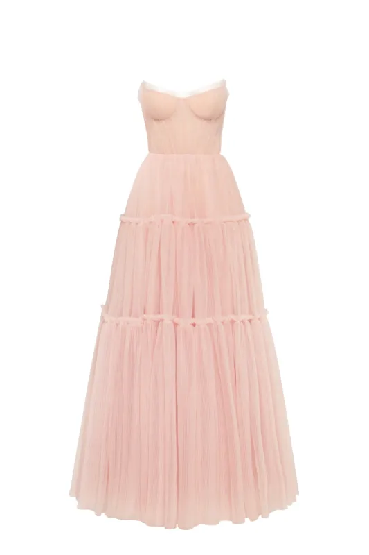 Misty rose tulle maxi dress with ruffled skirt, Garden of Eden sold by Milla
