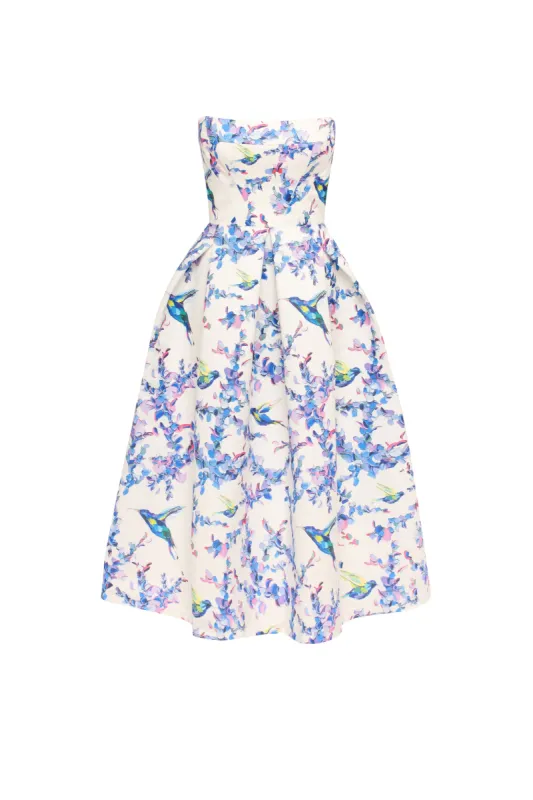 Strapless midi dress with bird and flower print, Garden of Eden sold by Milla