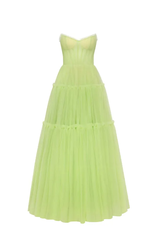 Light green tulle maxi dress with ruffled skirt, Garden of Eden sold by Milla