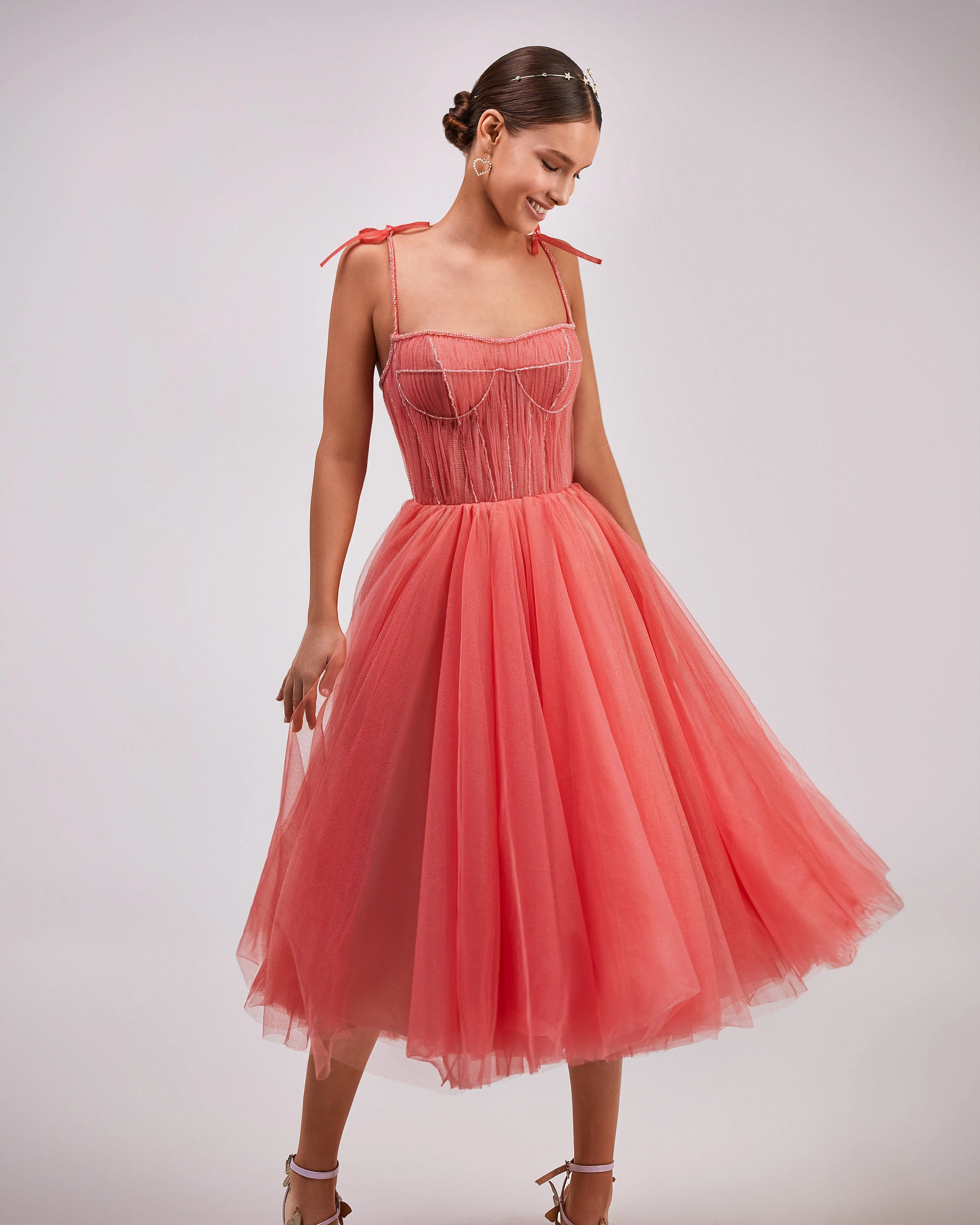 Coral Tie-strap cocktail dress with the elegant corset embroidery sold by Milla product image thumbnail 2