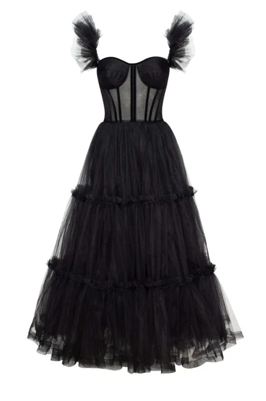 Black Ruffled Tulle Midi Dress sold by Milla