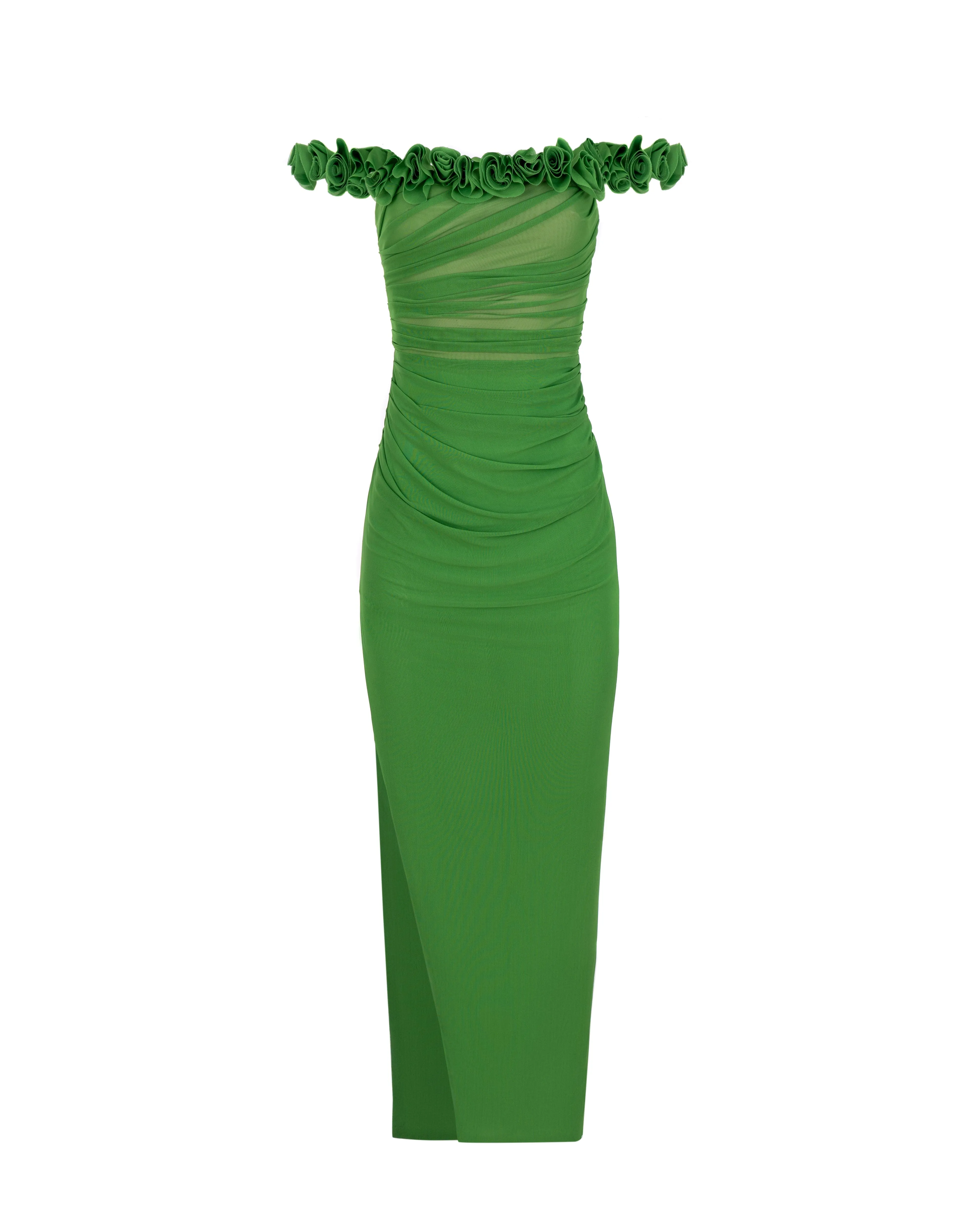 Artful off-the-shoulder evening dress in green sold by Milla