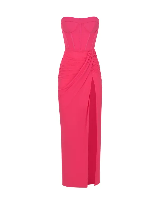 Striking pink off-the-shoulder maxi dress sold by Milla