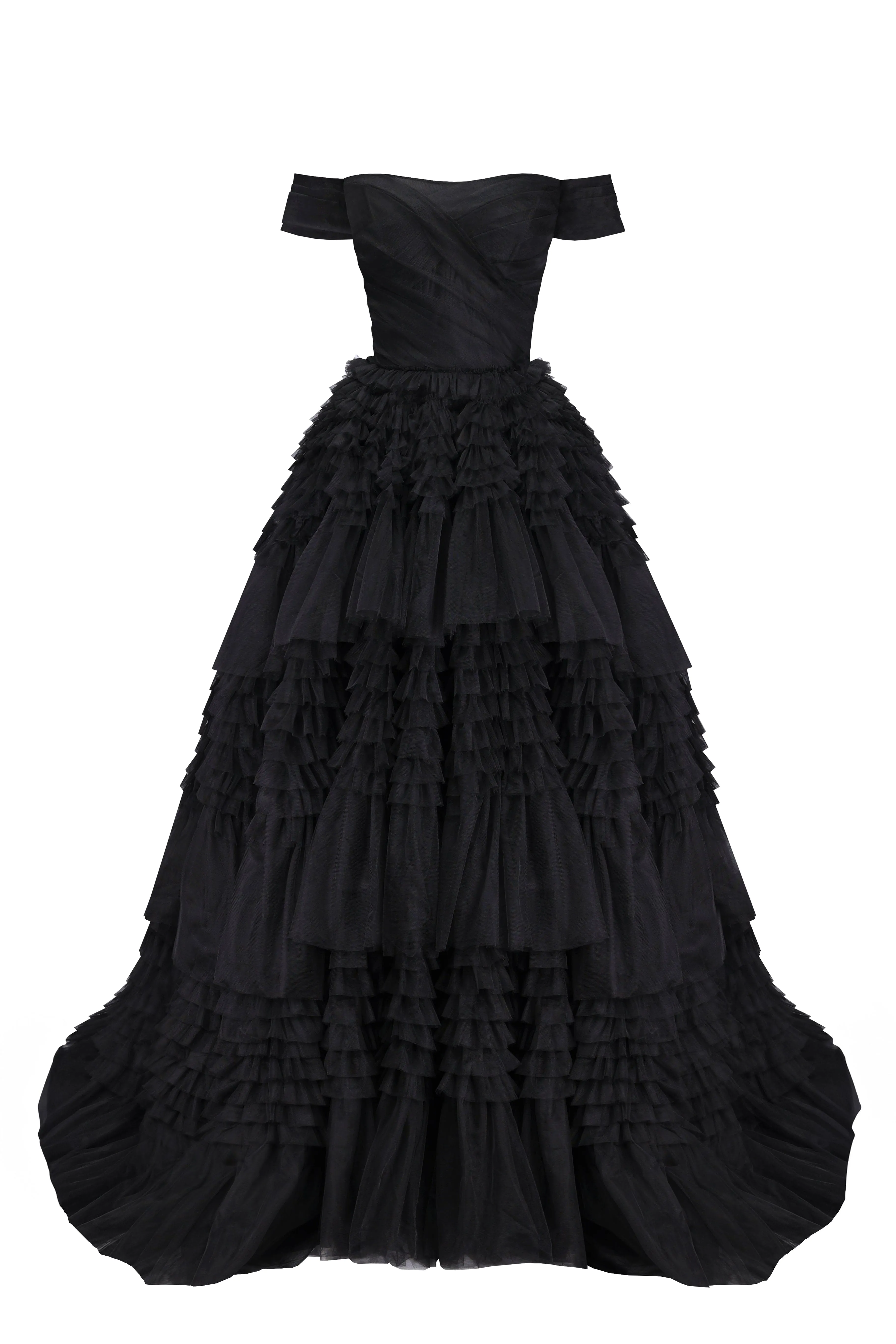 Black Off-The-Shoulder Frill-Layered Gown sold by Milla