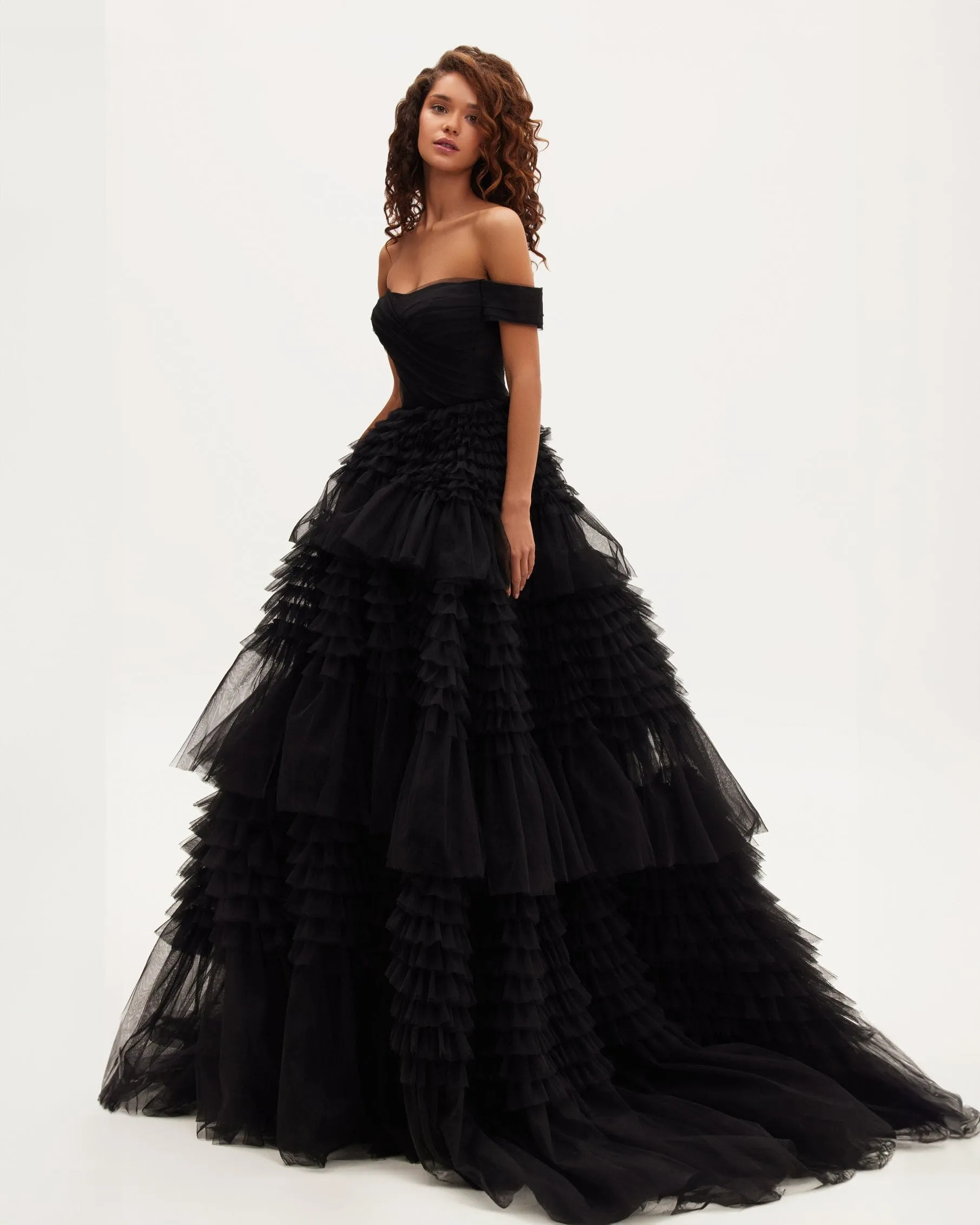 Black Off-The-Shoulder Frill-Layered Gown sold by Milla product image thumbnail 2