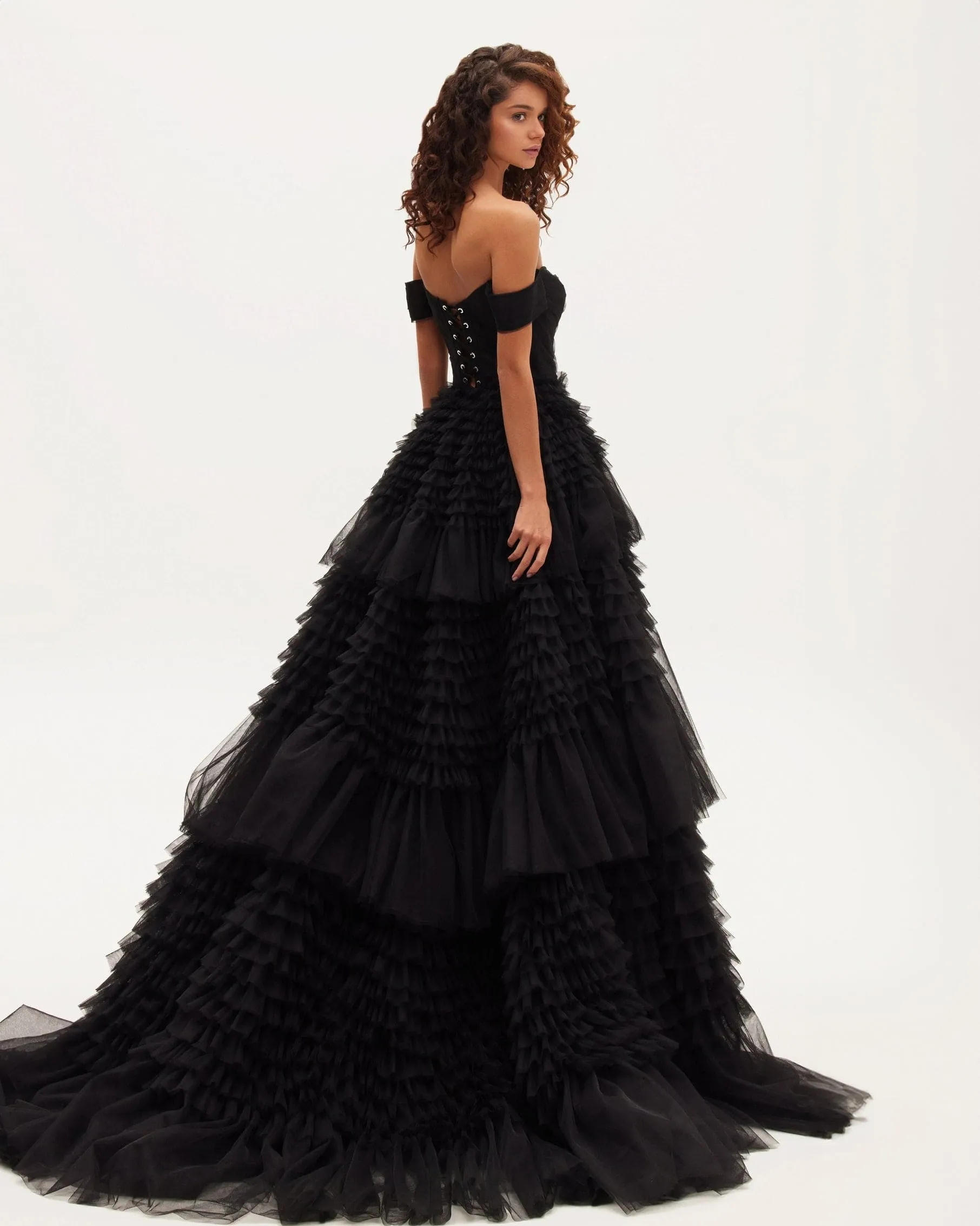Black Off-The-Shoulder Frill-Layered Gown sold by Milla product image thumbnail 4
