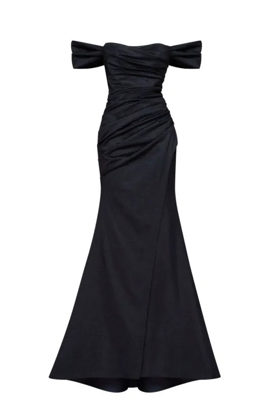 Black Epic off-the-shoulder thigh slit maxi dress sold by Milla