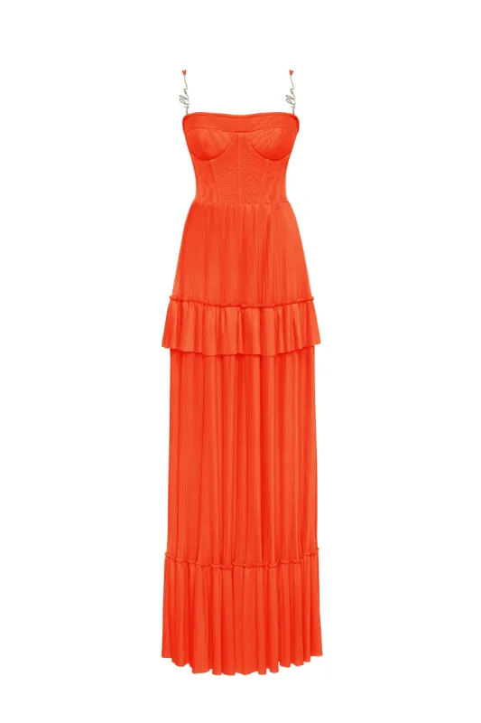 Coral spaghetti strap pleated maxi dress, Garden of Eden sold by Milla