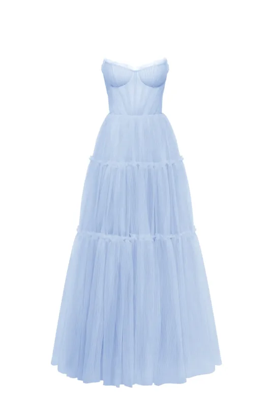 Light blue tulle maxi dress with ruffled skirt, Garden of Eden sold by Milla